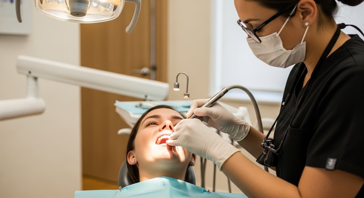 Dental hygienist performing a teeth cleaning in a modern clinic setting