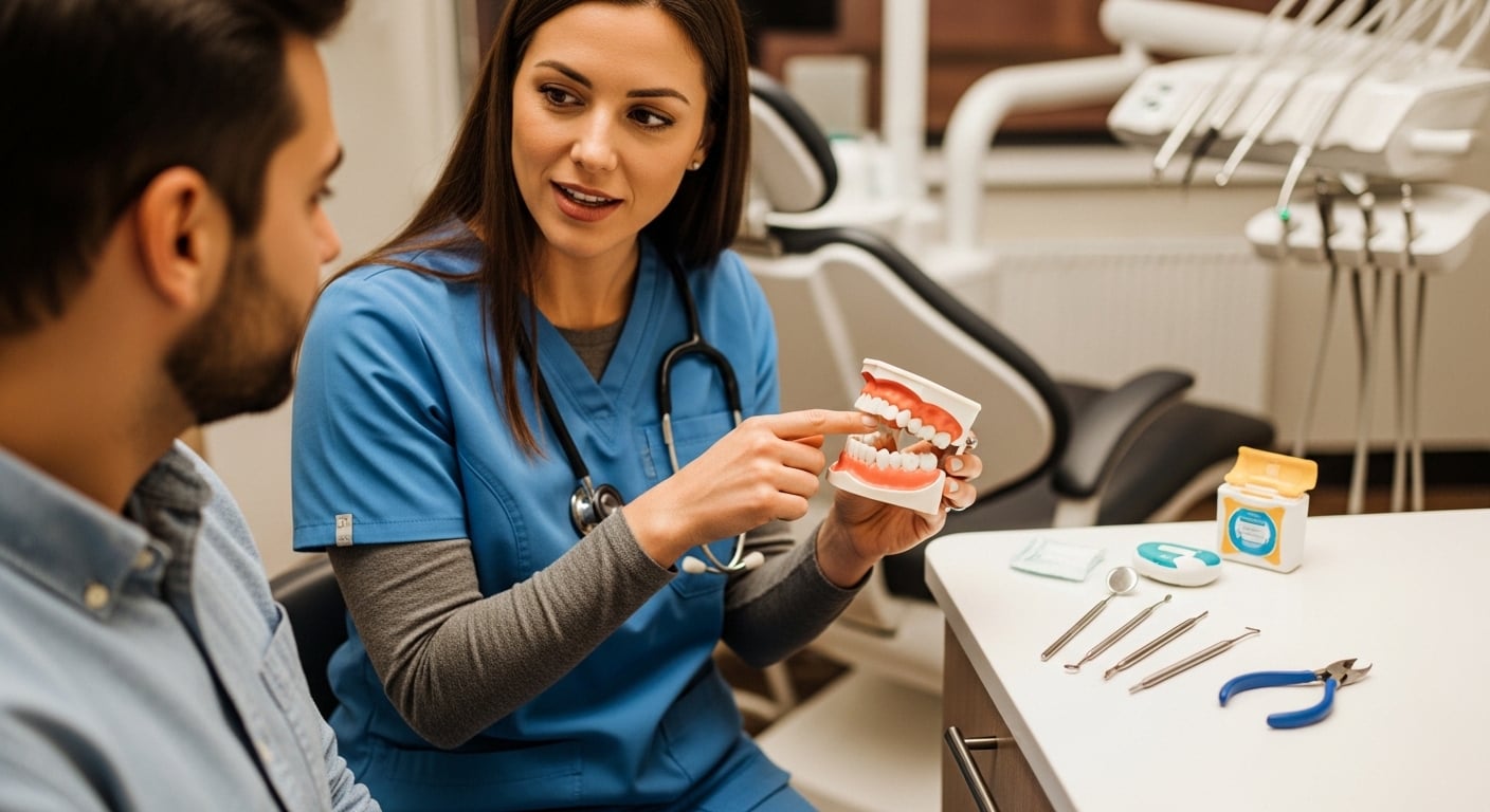 Dentist consulting with a patient about dental emergency care