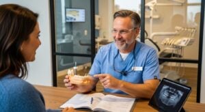 Dentist consulting patient about dental implants in a modern office.