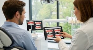 Patient consulting with dentist about implants vs dentures