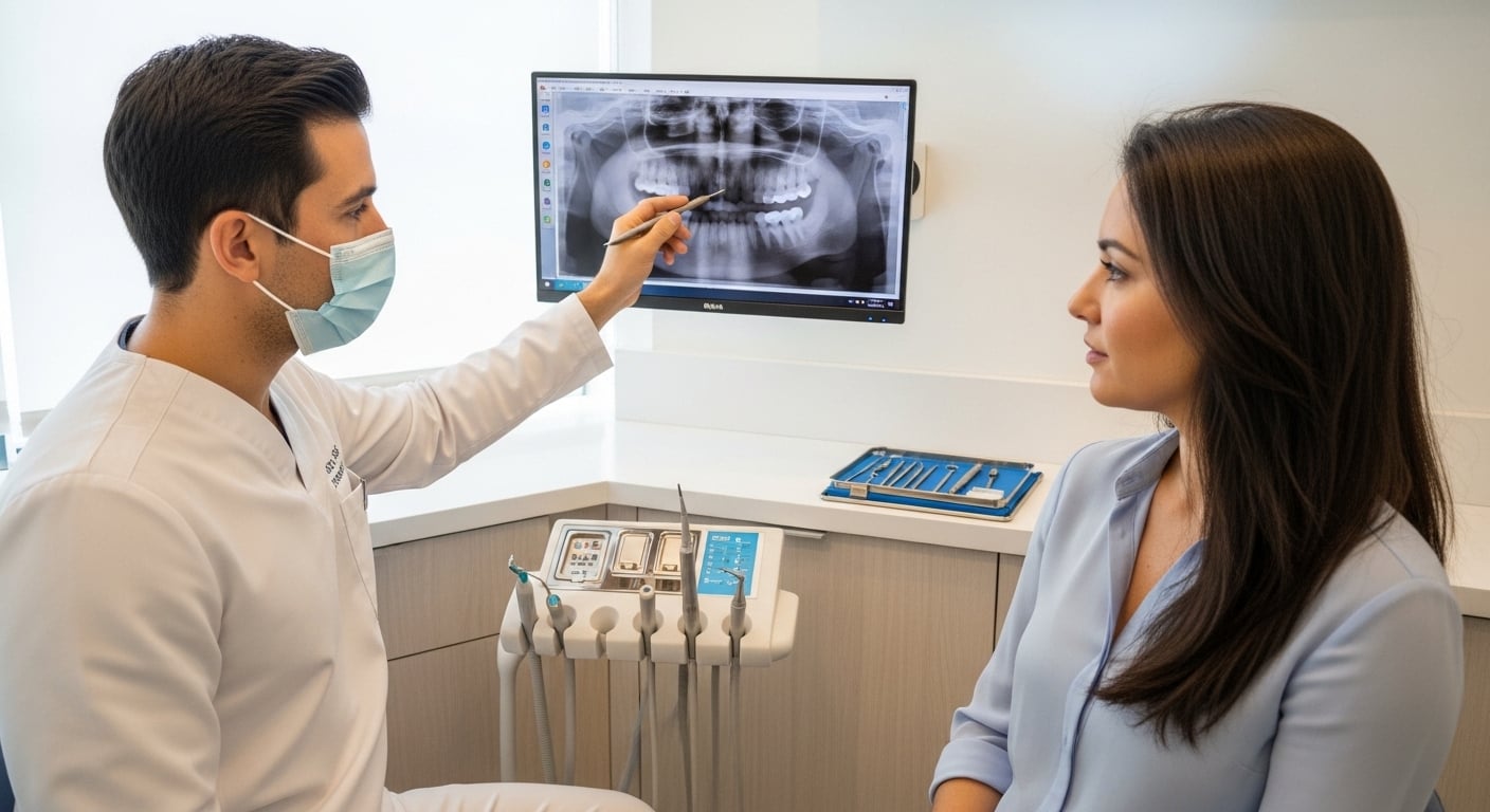 Dentist consulting with patient at a modern dental clinic.