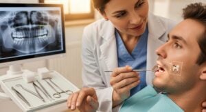 Dentist consulting patient about a broken tooth in a modern dental clinic