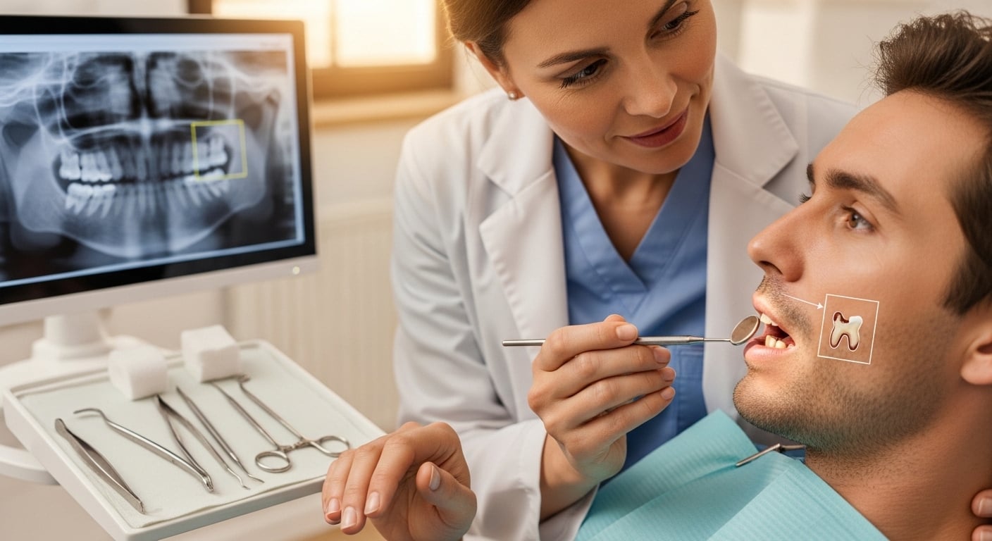 Dentist consulting patient about a broken tooth in a modern dental clinic