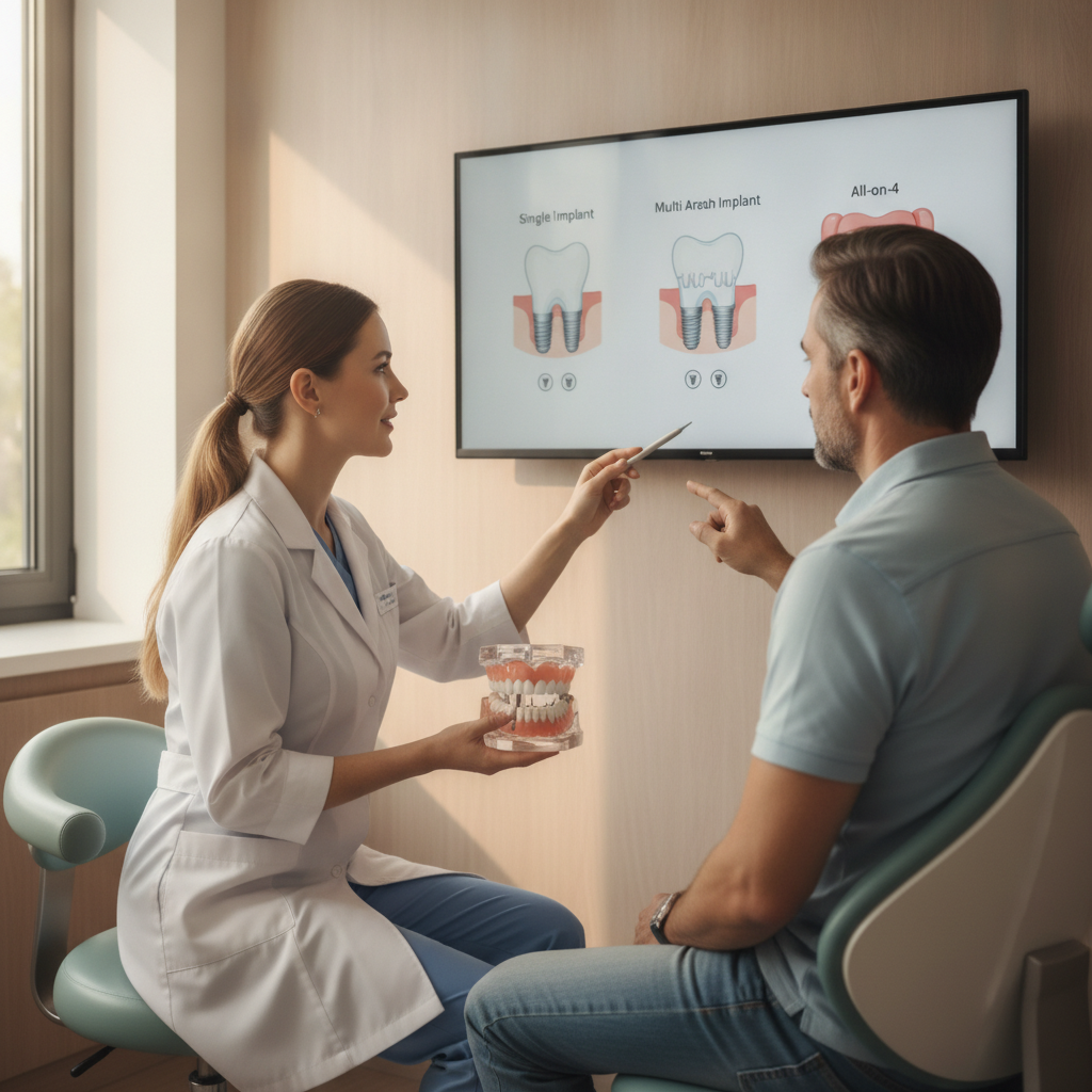 Dentist explaining dental implant options to a patient in an office setting