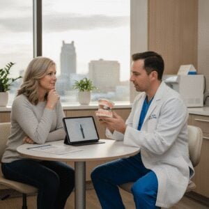Dentist explaining dental implant procedure to patient