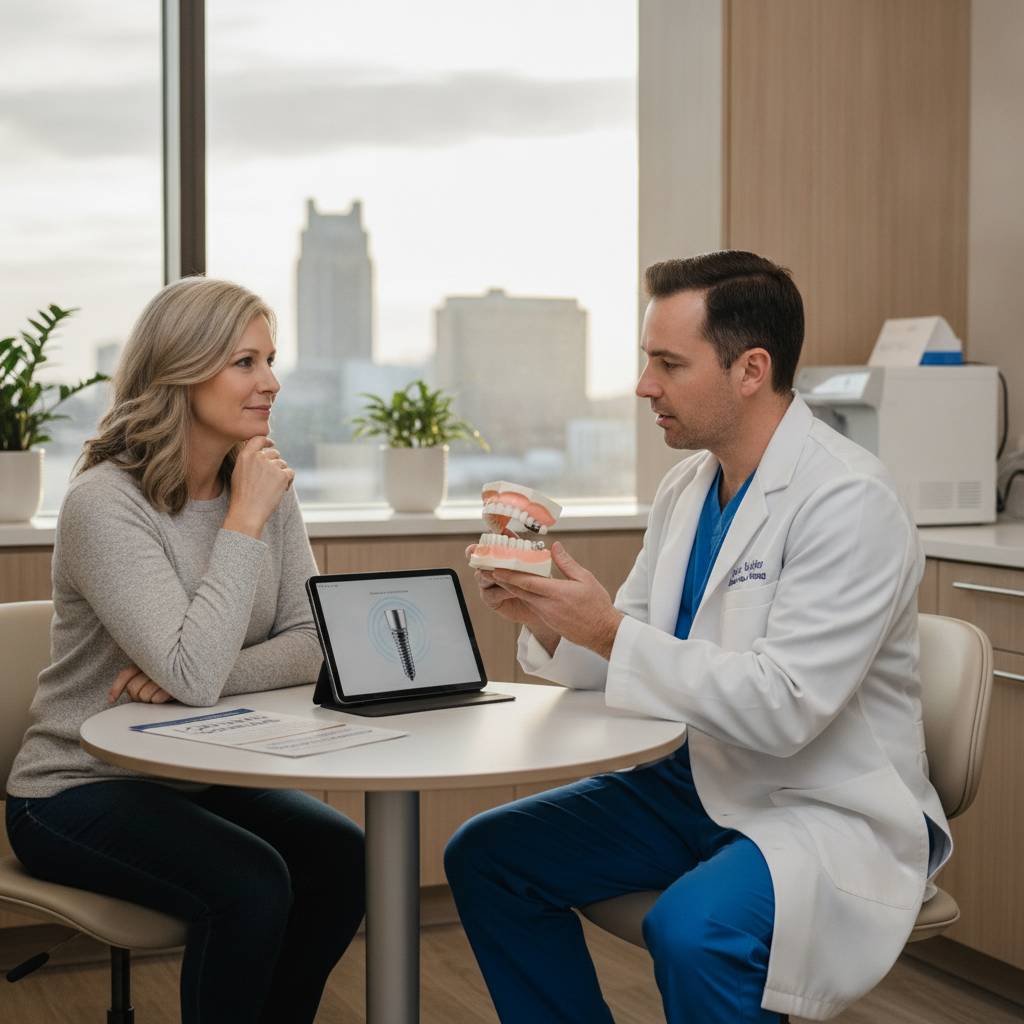 Dentist explaining dental implant procedure to patient