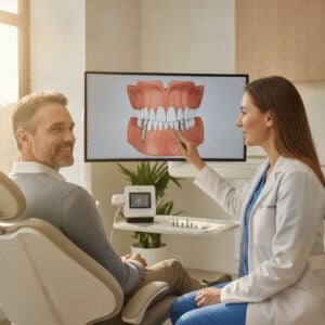 Patient consultation at modern dental office about implants