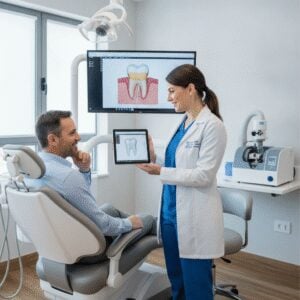 Dentist crafting same day dental crown using advanced technology.