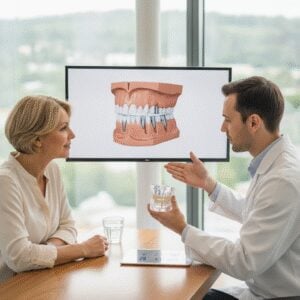 Dentist consulting with a patient about teeth implants in a modern office.