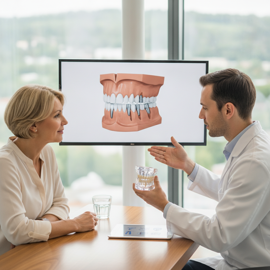 Dentist consulting with a patient about teeth implants in a modern office.