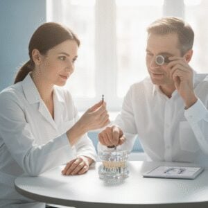 Dentist discussing dental implant screws with a patient in a modern office